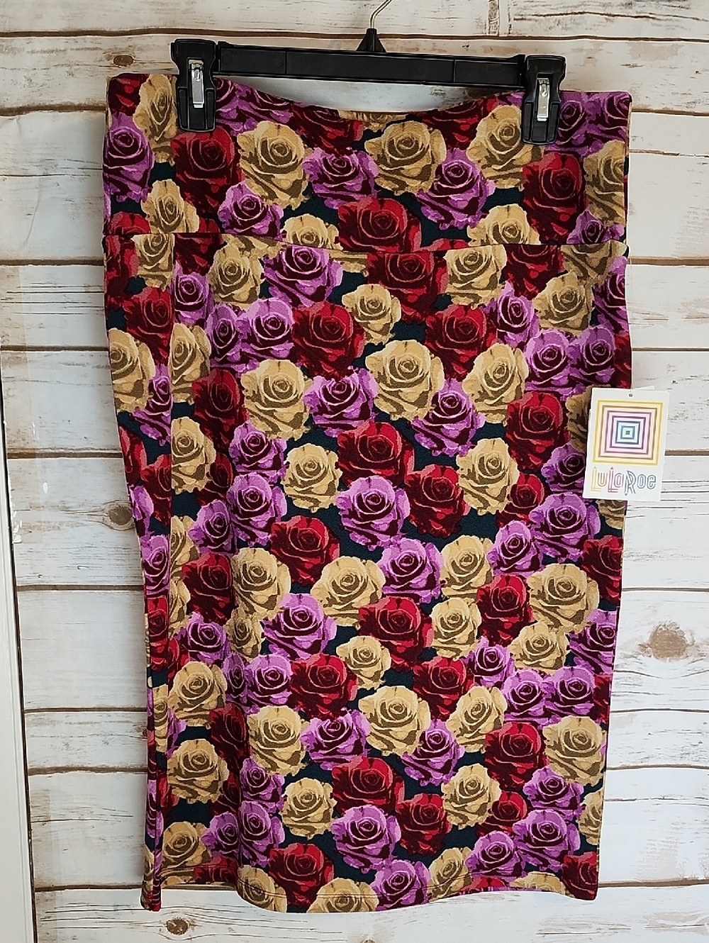 LuLaRoe Rose Print Pencil Skirt in Red, Purple & Gold Size XL